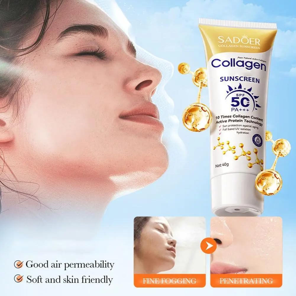 【Clearance Sale】SADOER Collagen Sunscreen SPF 50 – Broad Spectrum UVA/UVB Protection with Active Protein & Collagen – Lightweight, Hydrating, Anti-Aging Formula – 40g