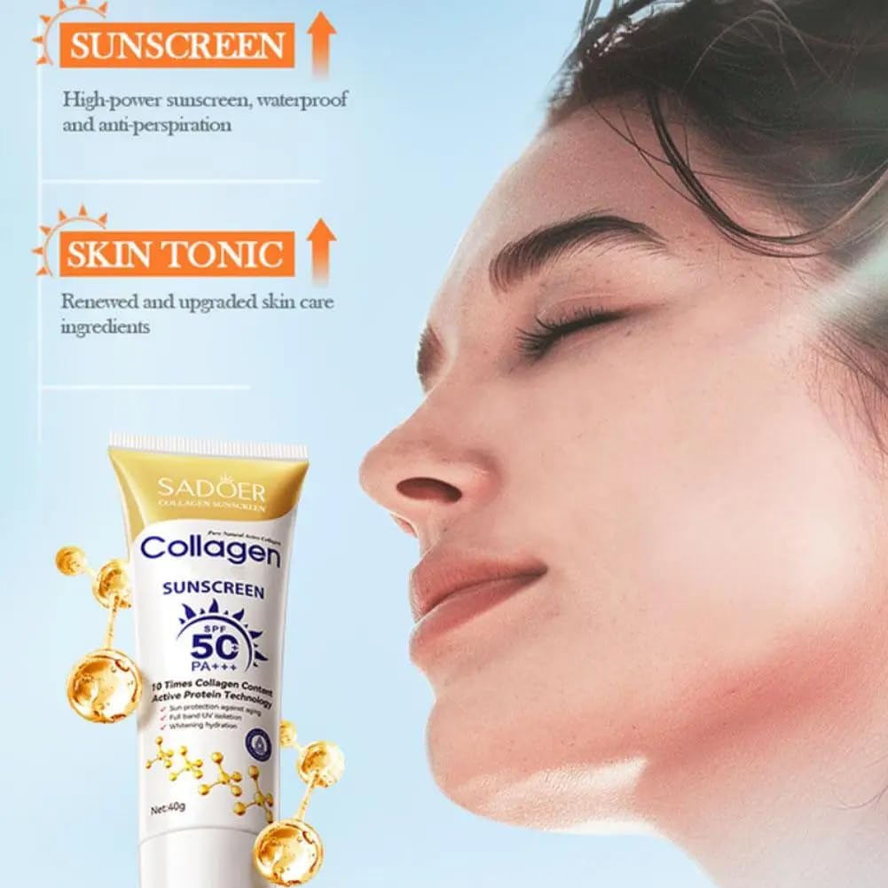 【Clearance Sale】SADOER Collagen Sunscreen SPF 50 – Broad Spectrum UVA/UVB Protection with Active Protein & Collagen – Lightweight, Hydrating, Anti-Aging Formula – 40g