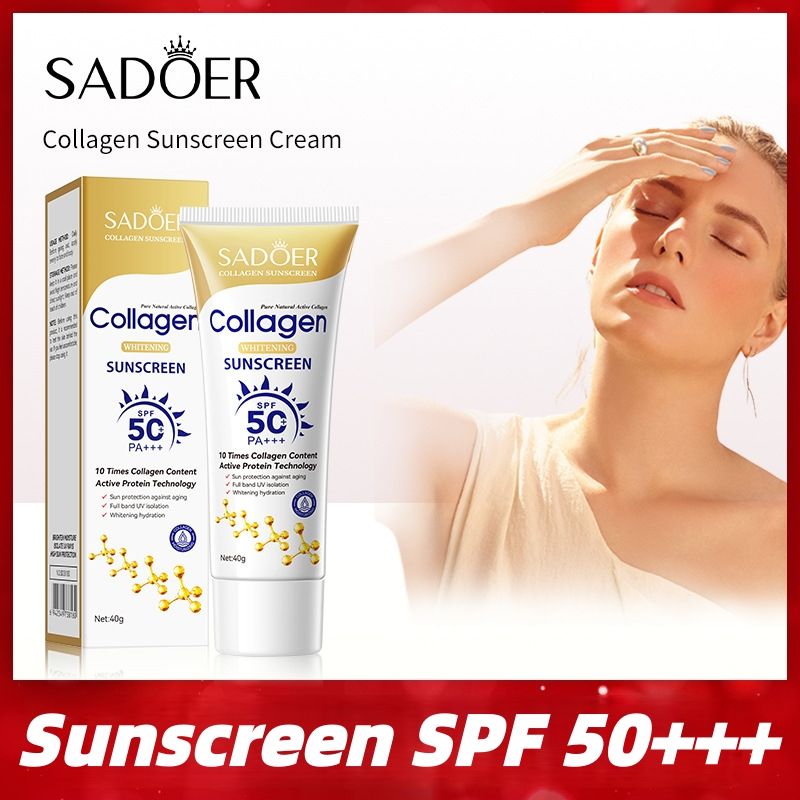 【Clearance Sale】SADOER Collagen Sunscreen SPF 50 – Broad Spectrum UVA/UVB Protection with Active Protein & Collagen – Lightweight, Hydrating, Anti-Aging Formula – 40g