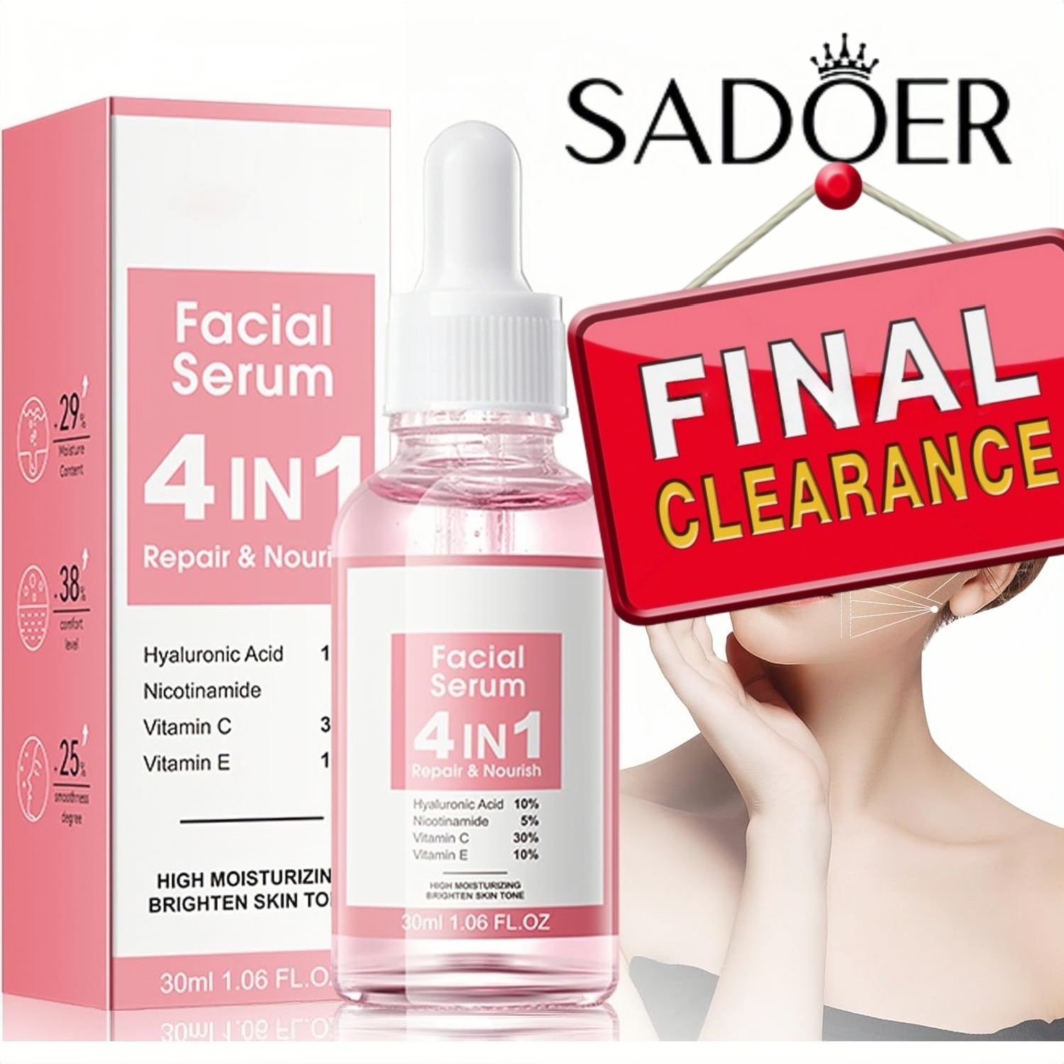 【Clearance Sale】SADOER 4 in 1 Anti Aging Face Serum for Women, Serum Face with Hyaluronic Acid, Nicotinamide, Vitamin C, Vitamin E, skin care for Fade Fine Lines, Improve Dull Tired Skin