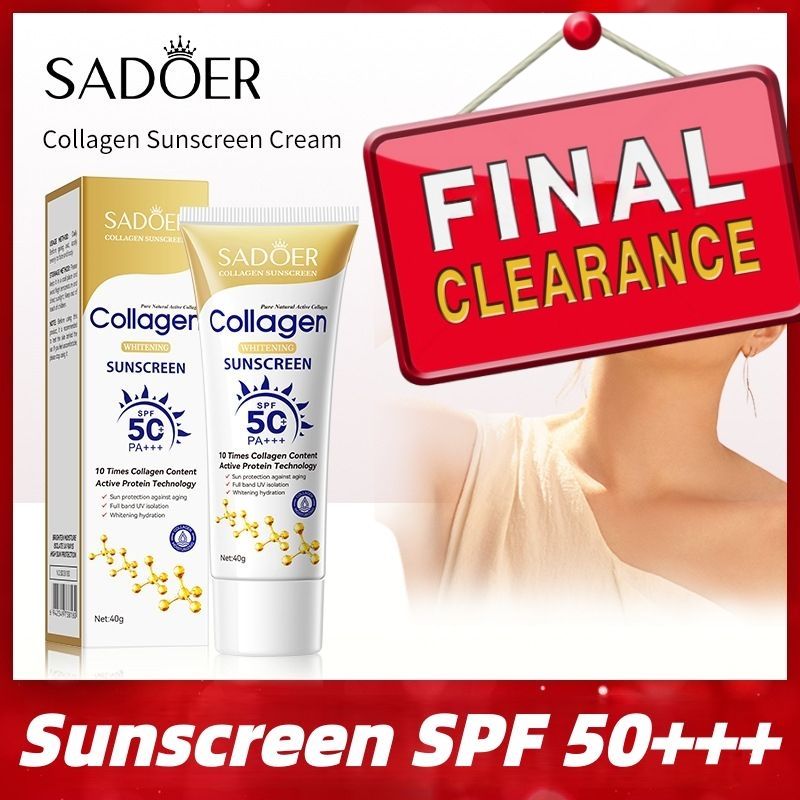 【Clearance Sale】SADOER Collagen Sunscreen SPF 50 – Broad Spectrum UVA/UVB Protection with Active Protein & Collagen – Lightweight, Hydrating, Anti-Aging Formula – 40g