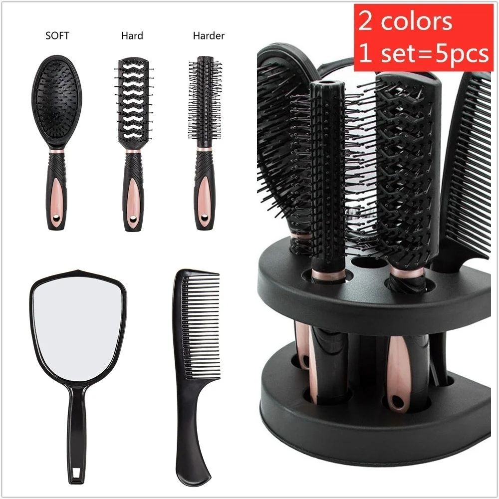 【Clearance Sale】5Pcs Hair Comb Brush Set with Mirror Hairbrush Holder Professional Massage Combs Cosmetics Hair Styling Tools Sets for Women Ladies Adults Kids