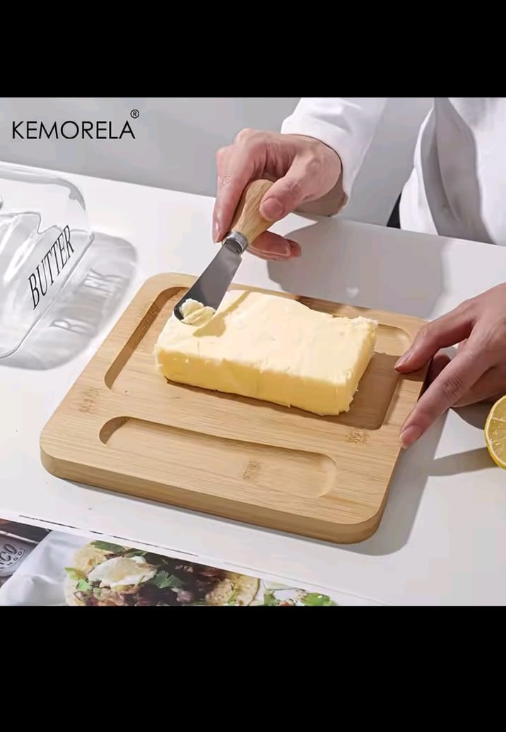 Glass butter dish with bamboo tray