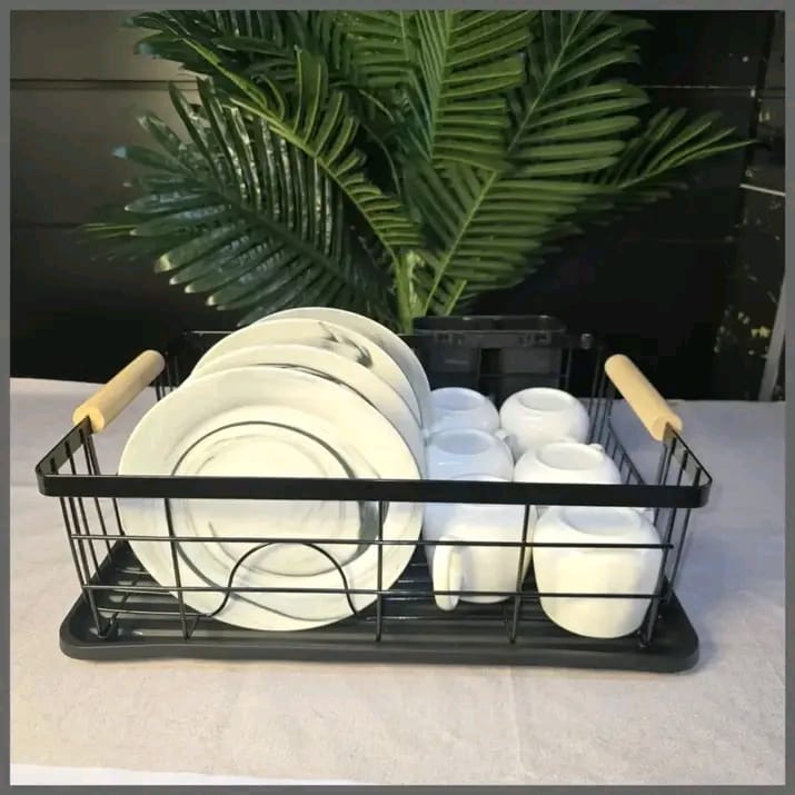 Dish Drainer Rack with Removable Drip Tray, Metal Kitchen Dish Drying Rack Organizer with Wooden Handles, Dish Rack, Dish Drainers, Black,