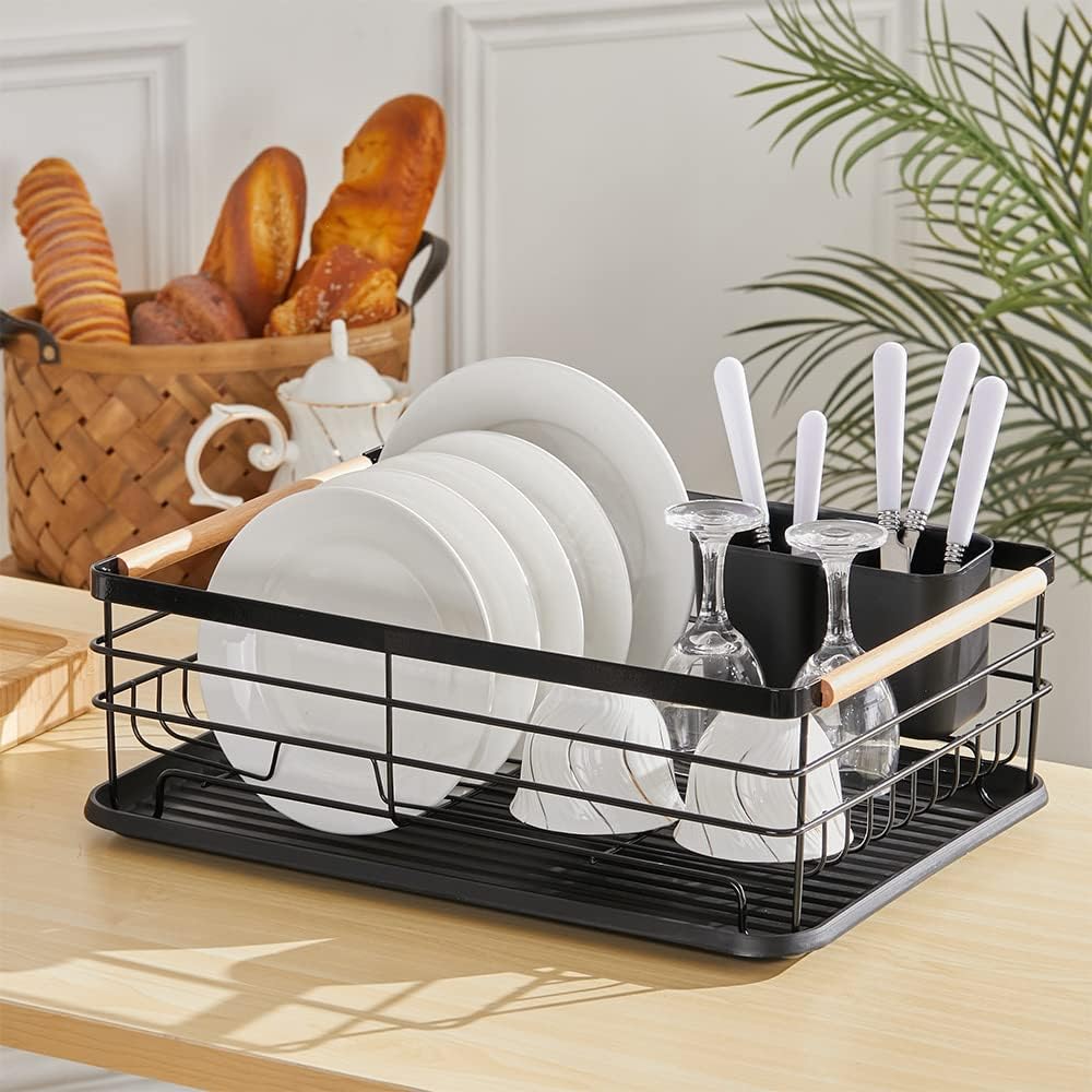 Dish Drainer Rack with Removable Drip Tray, Metal Kitchen Dish Drying Rack Organizer with Wooden Handles, Dish Rack, Dish Drainers, Black,