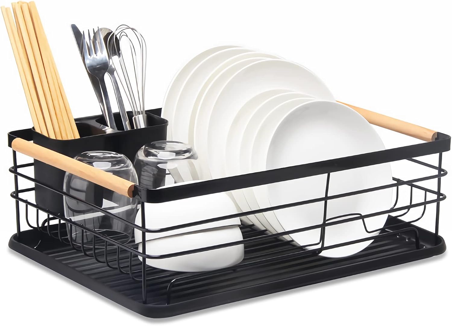 Dish Drainer Rack with Removable Drip Tray, Metal Kitchen Dish Drying Rack Organizer with Wooden Handles, Dish Rack, Dish Drainers, Black,
