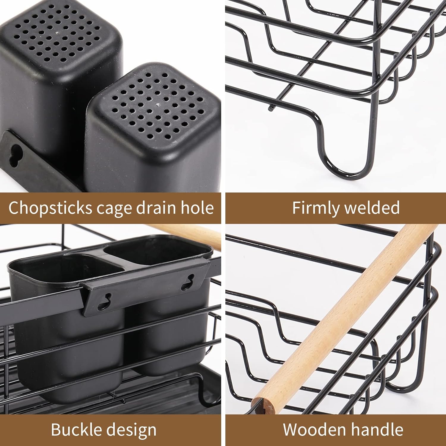 Dish Drainer Rack with Removable Drip Tray, Metal Kitchen Dish Drying Rack Organizer with Wooden Handles, Dish Rack, Dish Drainers, Black,