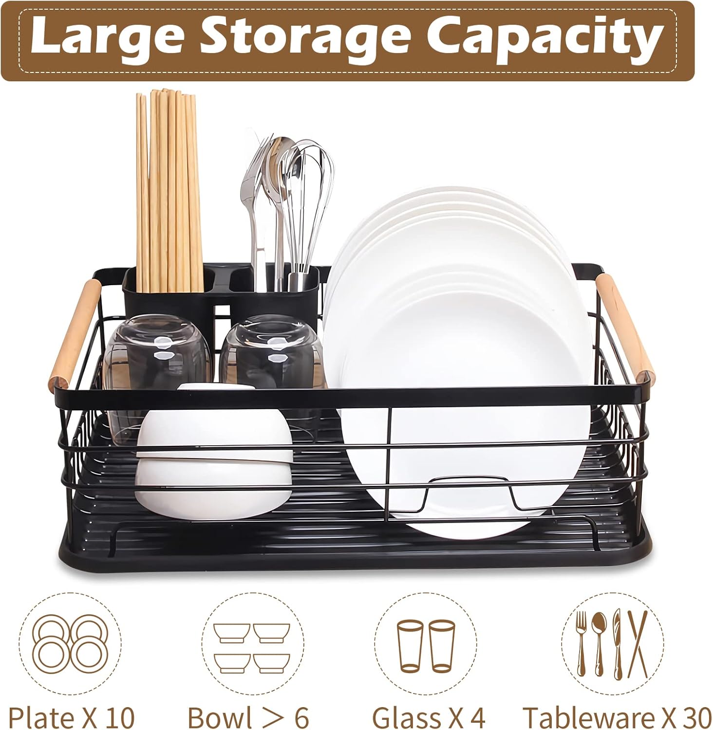 Dish Drainer Rack with Removable Drip Tray, Metal Kitchen Dish Drying Rack Organizer with Wooden Handles, Dish Rack, Dish Drainers, Black,