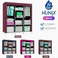 👚 NUNIX 3-Column Portable Fabric Wardrobe – 130×45×160CM, Dustproof, Lightweight, with Hanging Space & Shelves (Maroon, Grey Blue, Pink, Coffee) 🧺✨