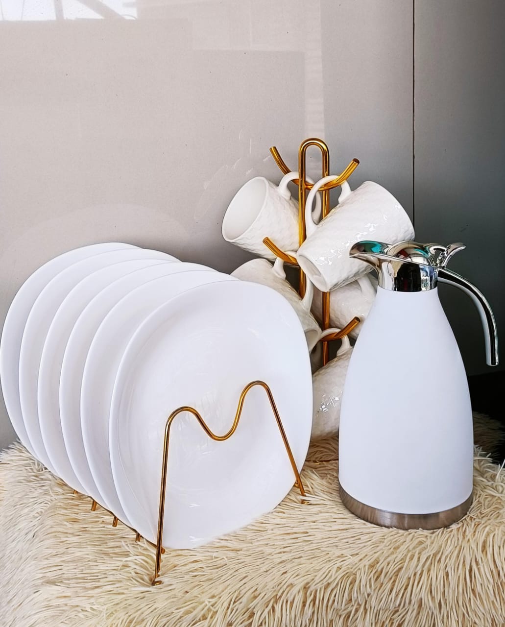 🍽️ Elegant 13-Piece  Ceramic Dinnerware Set with Golden Display Stands and Insulated Hot Beverage Flask – Perfect for Modern Dining & Gifting 🎁