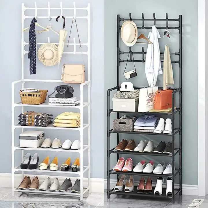 🏠✨【5-Tier Multipurpose Shoe Rack Organizer with Top Coat Hooks – Heavy-Duty Storage Shelf for Shoes, Clothes, Hats, Bags & More – Freestanding Entryway Closet Rack】