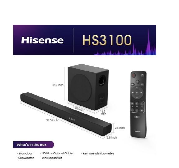📣 Hisense HS3100 3.1Ch Soundbar System with 480W Output, 6.5” Wireless Subwoofer, Bluetooth 5.3, HDMI ARC, Dolby Audio, DTS & Remote Control – Premium Home Theater Audio