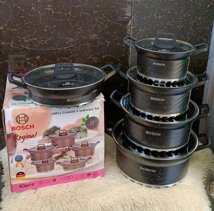 🔥 Premium 10-Piece BOSCH Stainless Steel Cookware Set – Made in Germany 🇩🇪 | Non-Stick Interior 🍲 | Glass Lids 🥘 | Elegant Cookware for Gas, Electric, and Induction Cooktops! 💯