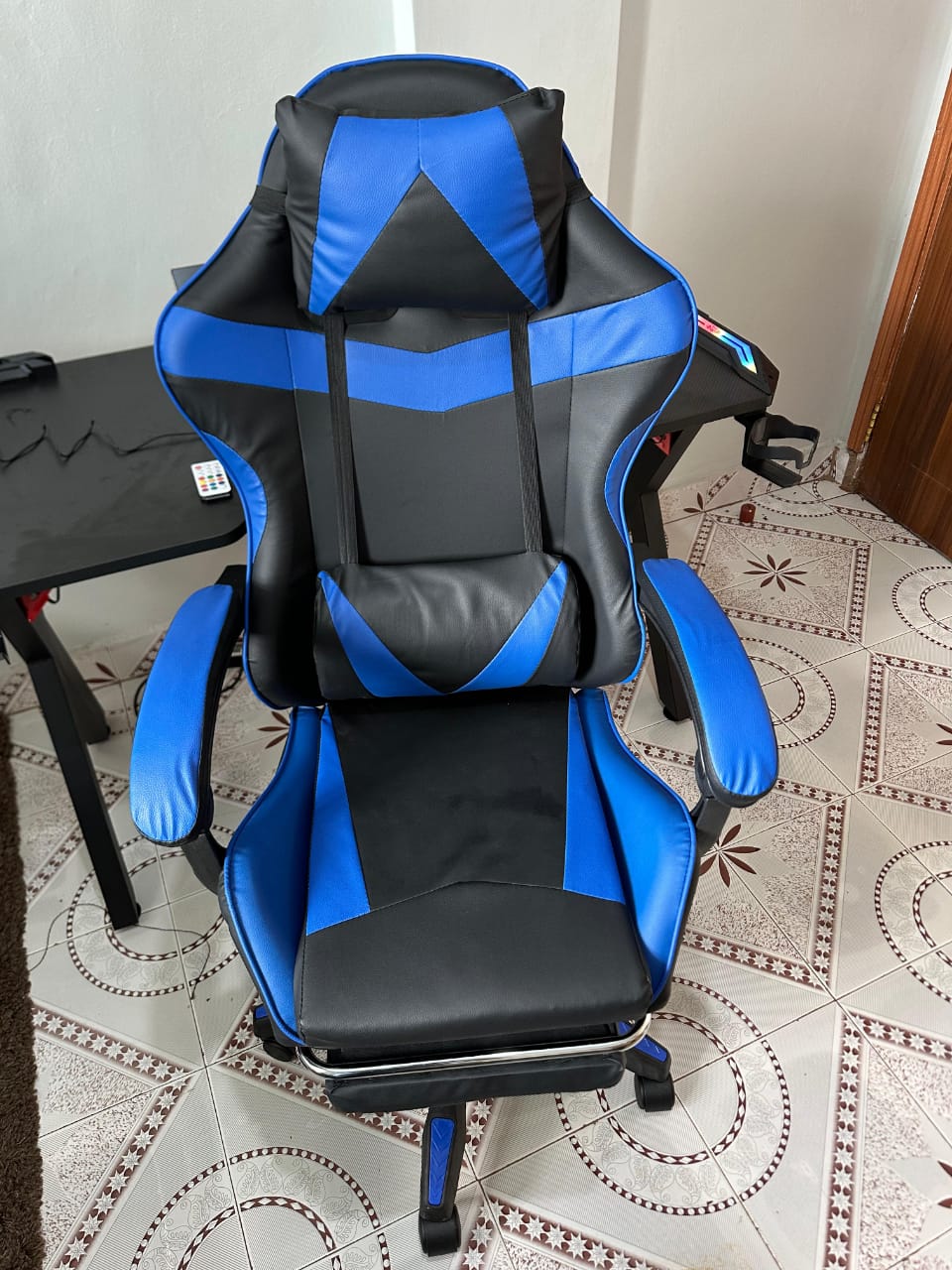 🔥 Ergonomic  Leather adjustable Gaming Chair 🏎️ | Reclining Backrest 😌 | Extendable Footrest 🦵 | Headrest & Lumbar Pillow 🛏️ | Premium PU Leather 🧵 – Black & Blue ✨