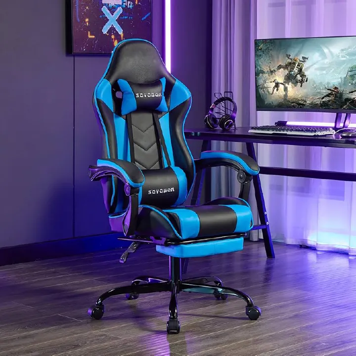 🔥 Ergonomic  Leather adjustable Gaming Chair 🏎️ | Reclining Backrest 😌 | Extendable Footrest 🦵 | Headrest & Lumbar Pillow 🛏️ | Premium PU Leather 🧵 – Black & Blue ✨