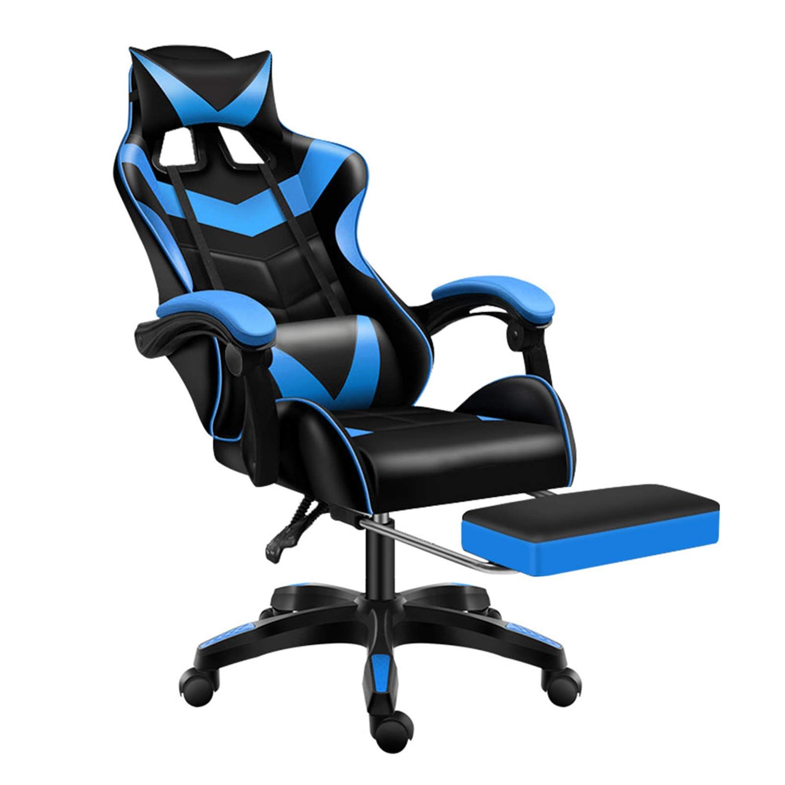 🔥 Ergonomic  Leather adjustable Gaming Chair 🏎️ | Reclining Backrest 😌 | Extendable Footrest 🦵 | Headrest & Lumbar Pillow 🛏️ | Premium PU Leather 🧵 – Black & Blue ✨
