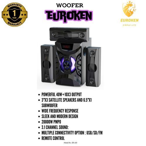 🔊 EUROKEN EK-610 3.1CH Multimedia Bluetooth Speaker System 🎶 20000W PMPO | USB | SD/MMC | FM | AUX | Remote | LED Display | DC 12V Compatible