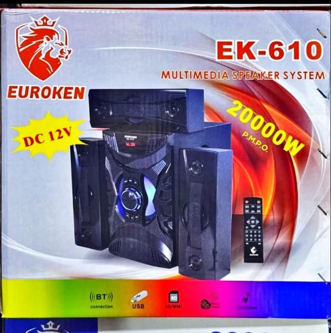 🔊 EUROKEN EK-610 3.1CH Multimedia Bluetooth Speaker System 🎶 20000W PMPO | USB | SD/MMC | FM | AUX | Remote | LED Display | DC 12V Compatible
