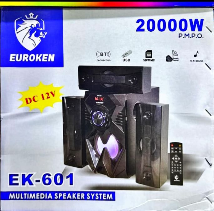 🔊 EUROKEN EK-601 3.1CH Multimedia Bluetooth Speaker System 🎶 20000W PMPO | USB | SD/MMC | FM | Remote Control | DC 12V & AC Power | LED Bass Light