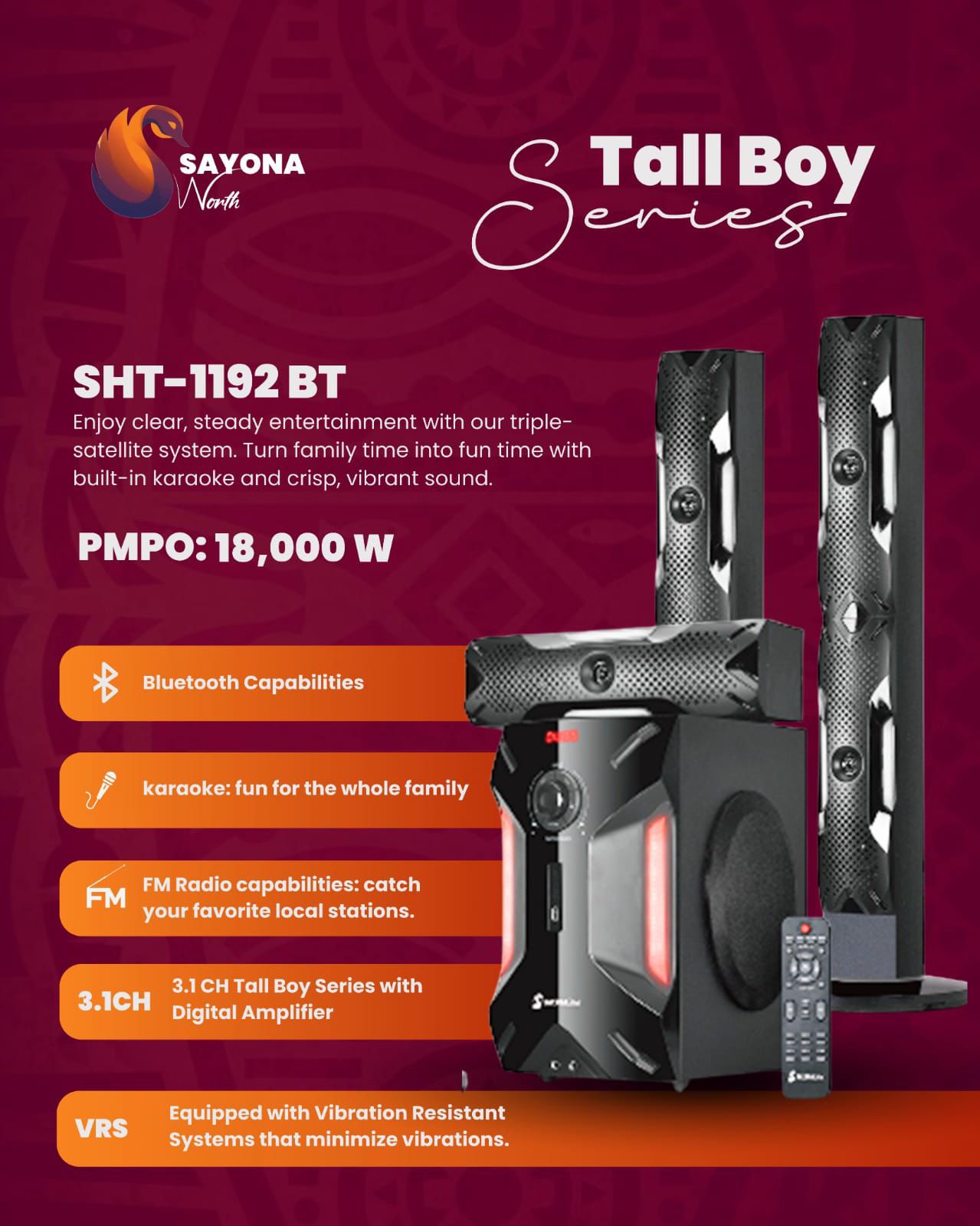 Sayona Warth SHT-1192BT Tall Boy Home Theater System 🔊 Bluetooth Tower Speakers | Powerful Bass Surround Sound, USB, AUX, FM Radio | Stylish Tall Speakers with Remote Control