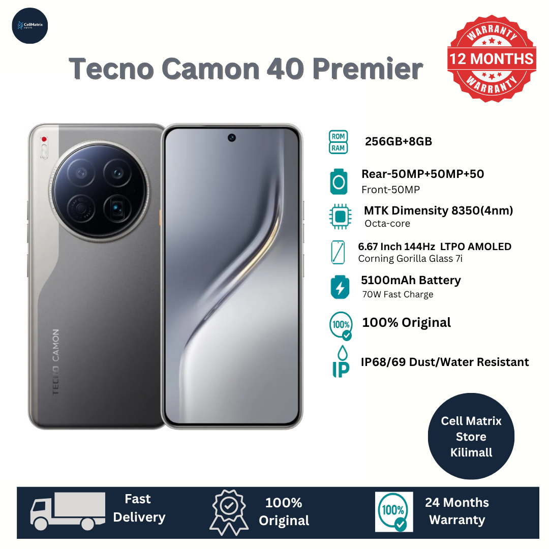 Tecno Camon 40 Premier 256GB+16(8+8)GB RAM 6.67" 144Hz LTPO AMOLED MTK Dimensity 8350 45W 5100mAh 50MP Dual Speaker Android 15 IP68/IP69 Dust Water Resistance Dual Sim SmartPhone A56