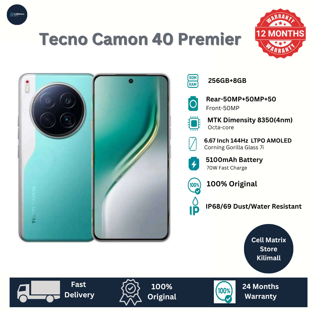 Tecno Camon 40 Premier 256GB+16(8+8)GB RAM 6.67" 144Hz LTPO AMOLED MTK Dimensity 8350 45W 5100mAh 50MP Dual Speaker Android 15 IP68/IP69 Dust Water Resistance Dual Sim SmartPhone A56