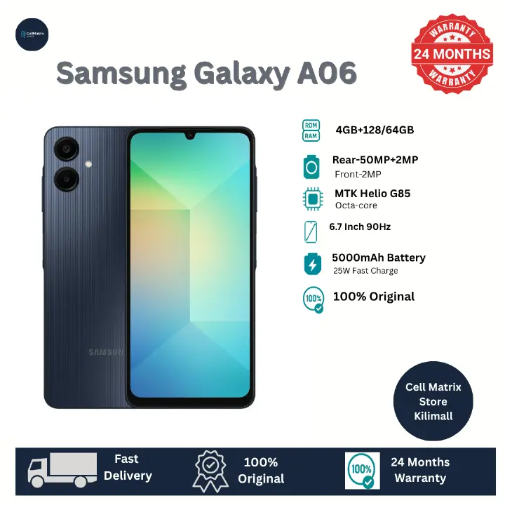 [Anniversary Sale] Samsung Galaxy A06 128GB+4GB 50MP Camera 6.7" 60Hz MTK Helio G85 (12nm) 5000mAh 25W Type-C Charge Android 14 Smart Phones Side Fingerprint Unlock phone