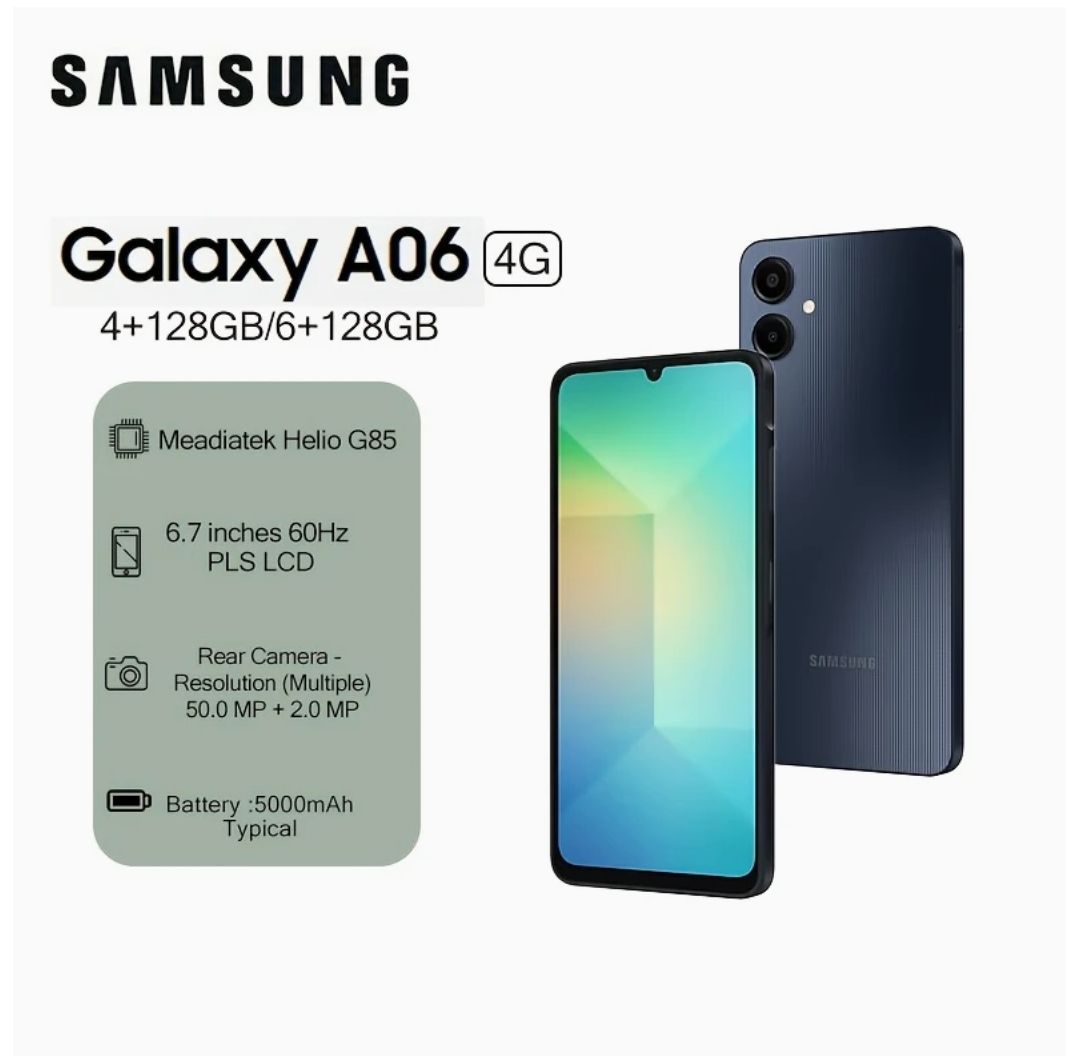 [Anniversary Sale] Samsung Galaxy A06 128GB+4GB 50MP Camera 6.7" 60Hz MTK Helio G85 (12nm) 5000mAh 25W Type-C Charge Android 14 Smart Phones Side Fingerprint Unlock phone