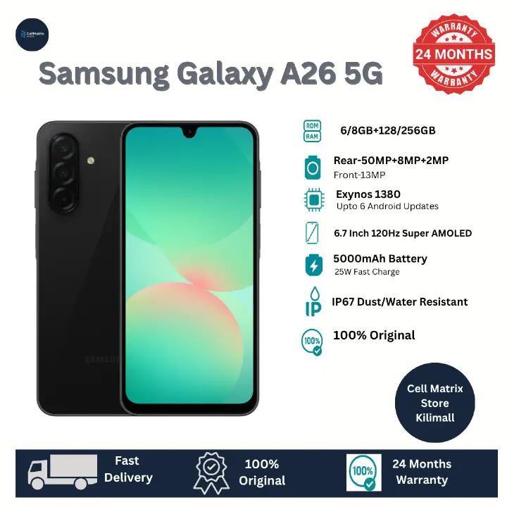 [Anniversary Sale] Samsung Galaxy A26 5G 256GB+8GB 6.7" 120Hz AMOLED Display 50MP Triple Camera Android 15 Exynos 1380 (5nm) IP67 Dust Water Resistant 5000mAh 25W Type-C Charge Smart Phones phone