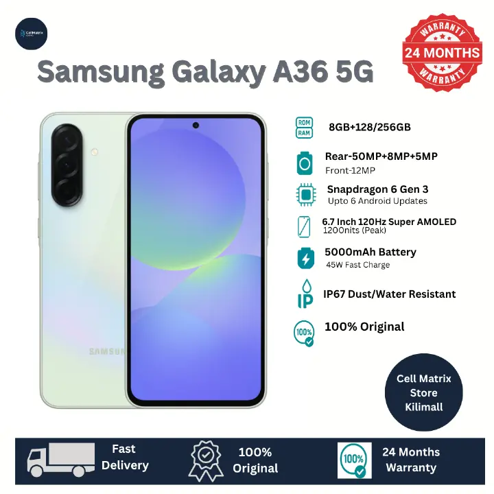 [Anniversary Sale] Samsung Galaxy A36 5G 256GB+8GB 120Hz 6.7" AMOLED 50MP Triple Camera IP67 Dust/Water Resistant Android 15 5000mAh 45W 65% in 30Min Type-C Smart Phones Fingerprint Unlock