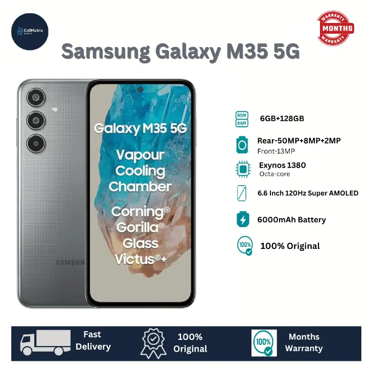[Anniversary Offer] Samsung Galaxy M35 5G 128GB+6GB 6.6" 120Hz Super AMOLED Display 50MP Camera Huge 6000mAh Battery 25W Super Fast Wired Charging Exynos 1380 Smartphone Mobile Phone