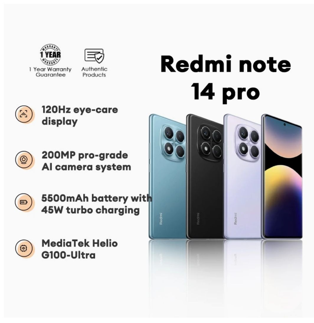 [Anniversary Sale] XIAOMI Redmi Note 14 Pro 8GB+256GB 6.67" 120Hz AMOLED Display 200MP Camera IP64 Dust and Splash Resistant 5500mAh Battery 45W Fast Charging SmartPhone Redmi 14C