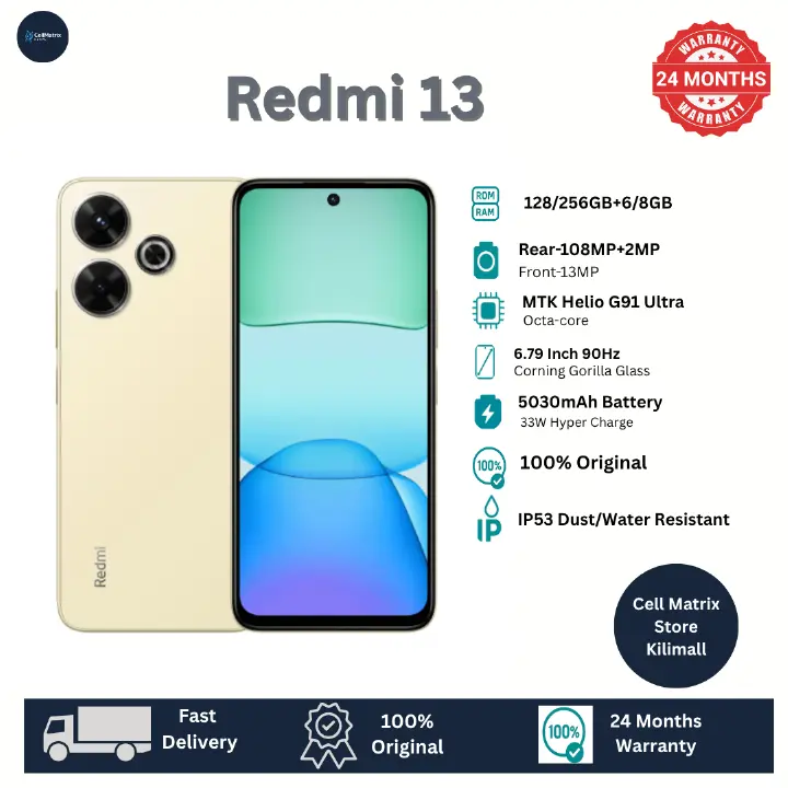 [Anniversary Sale] XIAOMI Redmi 13 8GB+256GB 6.79" 90Hz Display 108MP Camera MTK Helio G91 Ultra 5030mAh Battery 33W Charge IP53 Dust/Water Resistant Android Smart Phones FingerPrint Unlock