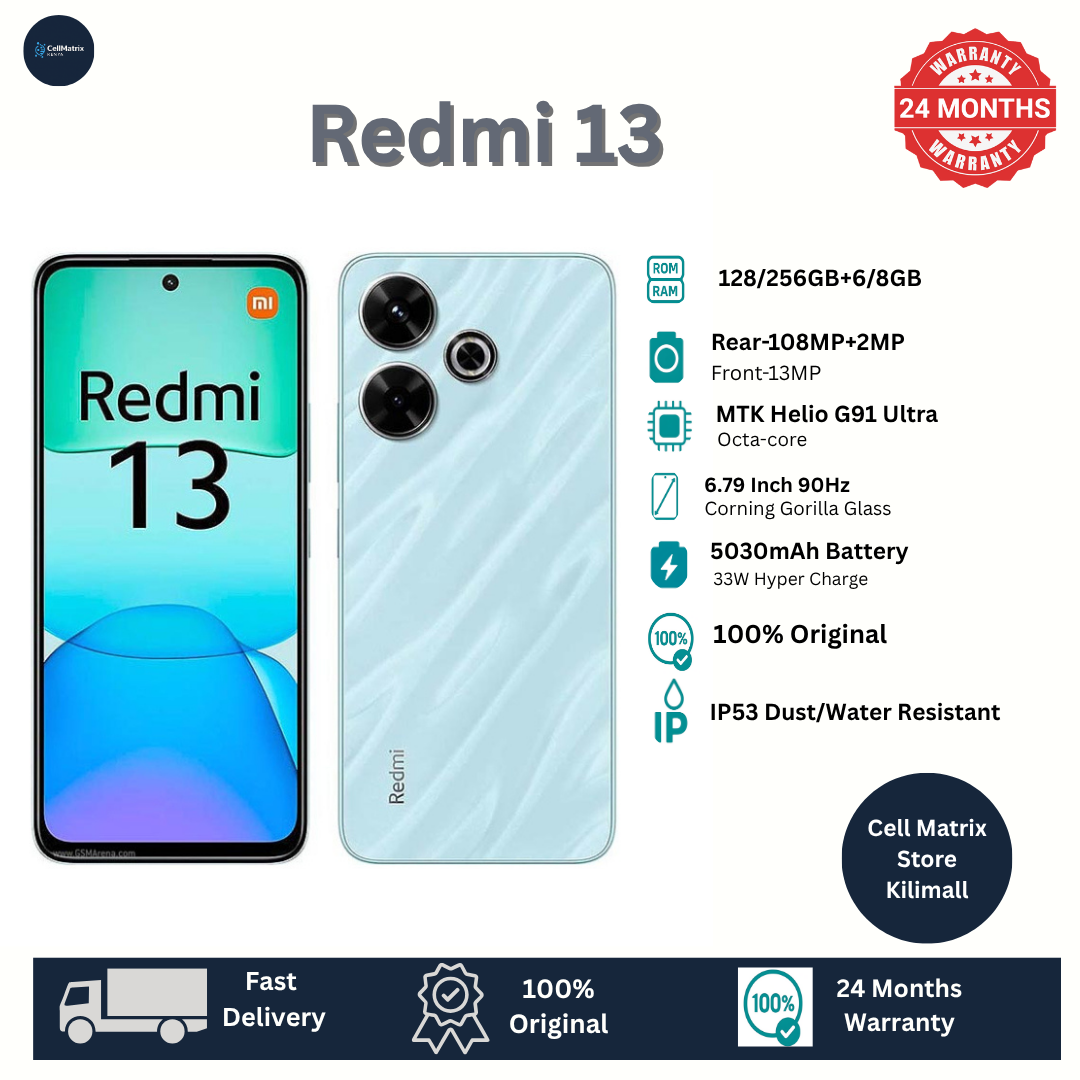 [Anniversary Sale] XIAOMI Redmi 13 8GB+256GB 6.79" 90Hz Display 108MP Camera MTK Helio G91 Ultra 5030mAh Battery 33W Charge IP53 Dust/Water Resistant Android Smart Phones FingerPrint Unlock