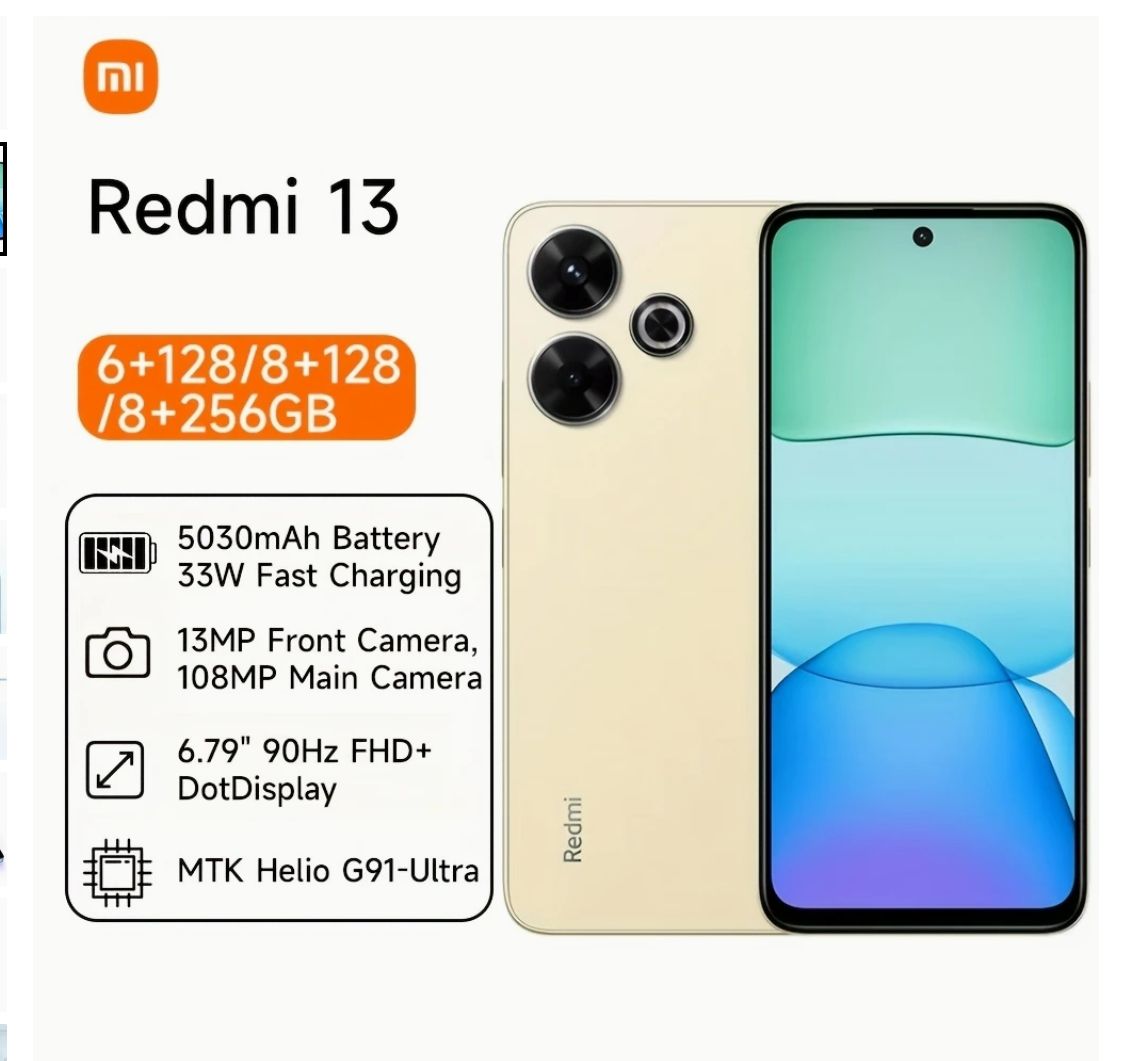 [Anniversary Sale] XIAOMI Redmi 13 8GB+256GB 6.79" 90Hz Display 108MP Camera MTK Helio G91 Ultra 5030mAh Battery 33W Charge IP53 Dust/Water Resistant Android Smart Phones FingerPrint Unlock