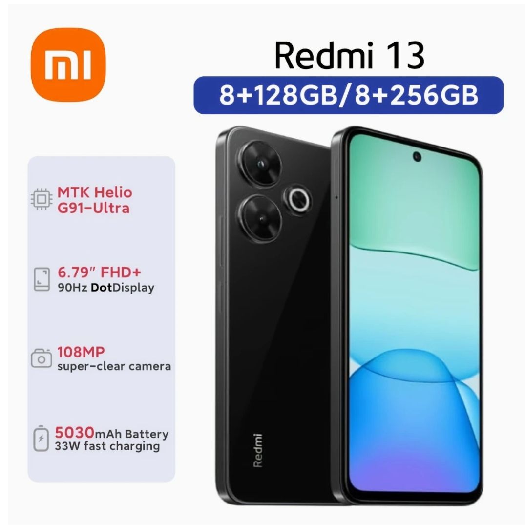 [Anniversary Sale] XIAOMI Redmi 13 8GB+256GB 6.79" 90Hz Display 108MP Camera MTK Helio G91 Ultra 5030mAh Battery 33W Charge IP53 Dust/Water Resistant Android Smart Phones FingerPrint Unlock