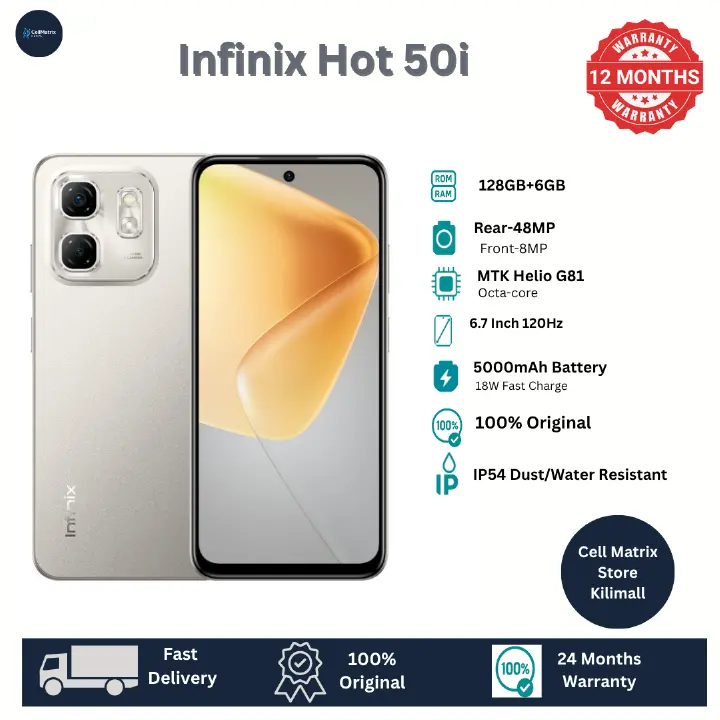 [Anniversary Sale] Infinix Hot 50i 128GB + 6GB 6.7" Screen Phone Dual SIM 4G Network 5000mAh Battery with 18W Type-C Charging 48MP Camera Fingerprint Lock G81 Smartphones IP54 Dust/Water Resistance