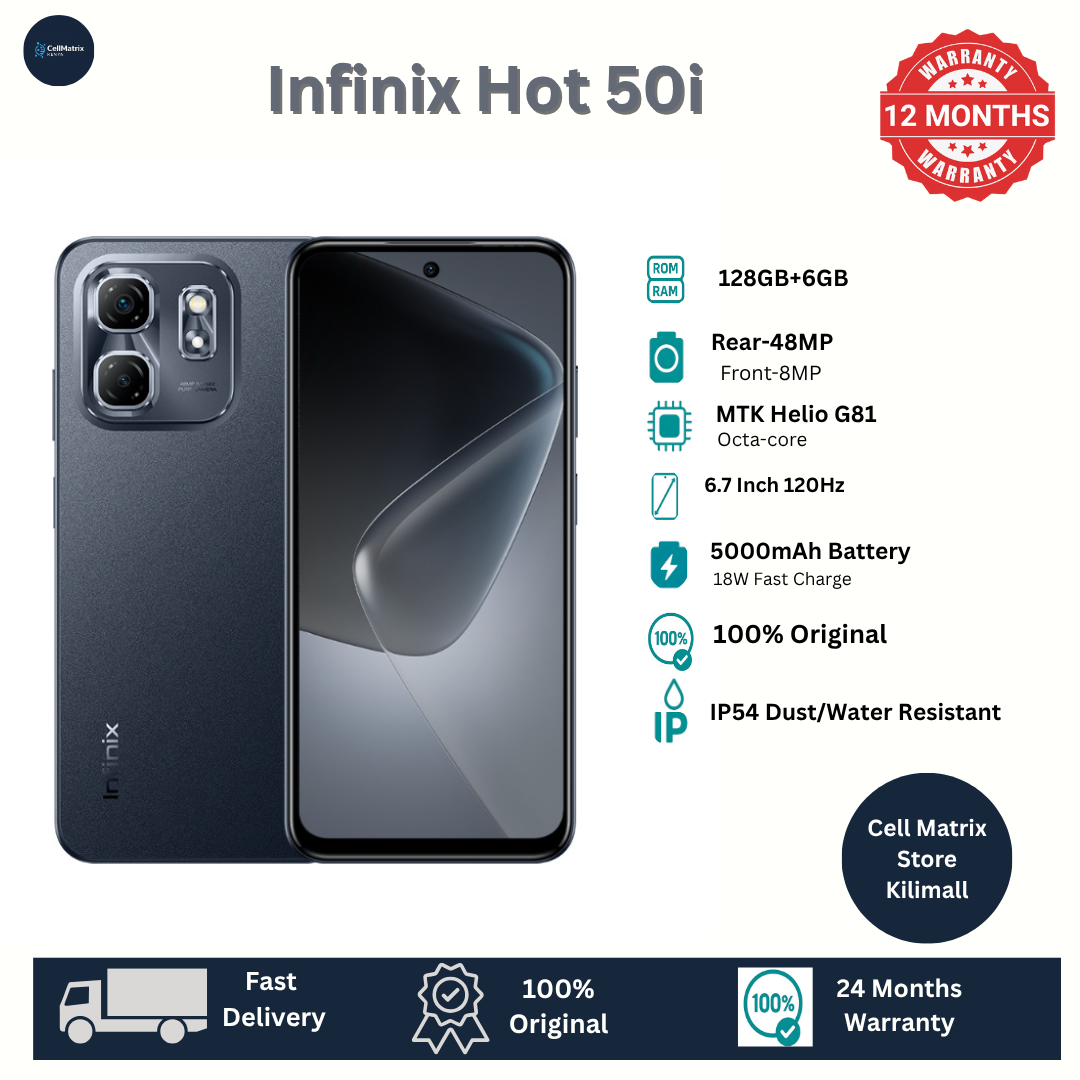 [Anniversary Sale] Infinix Hot 50i 128GB + 6GB 6.7" Screen Phone Dual SIM 4G Network 5000mAh Battery with 18W Type-C Charging 48MP Camera Fingerprint Lock G81 Smartphones IP54 Dust/Water Resistance