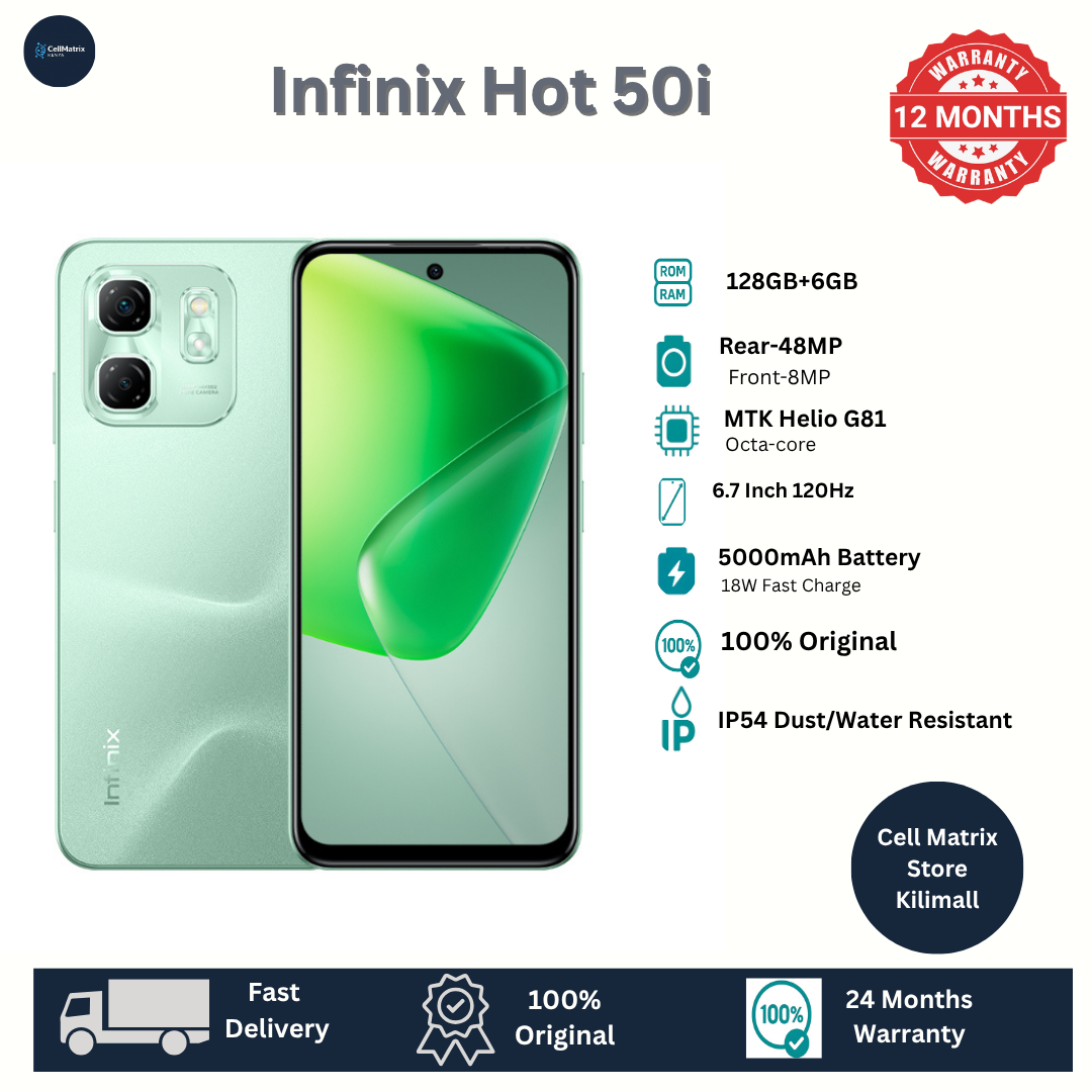 [Anniversary Sale] Infinix Hot 50i 128GB + 6GB 6.7" Screen Phone Dual SIM 4G Network 5000mAh Battery with 18W Type-C Charging 48MP Camera Fingerprint Lock G81 Smartphones IP54 Dust/Water Resistance