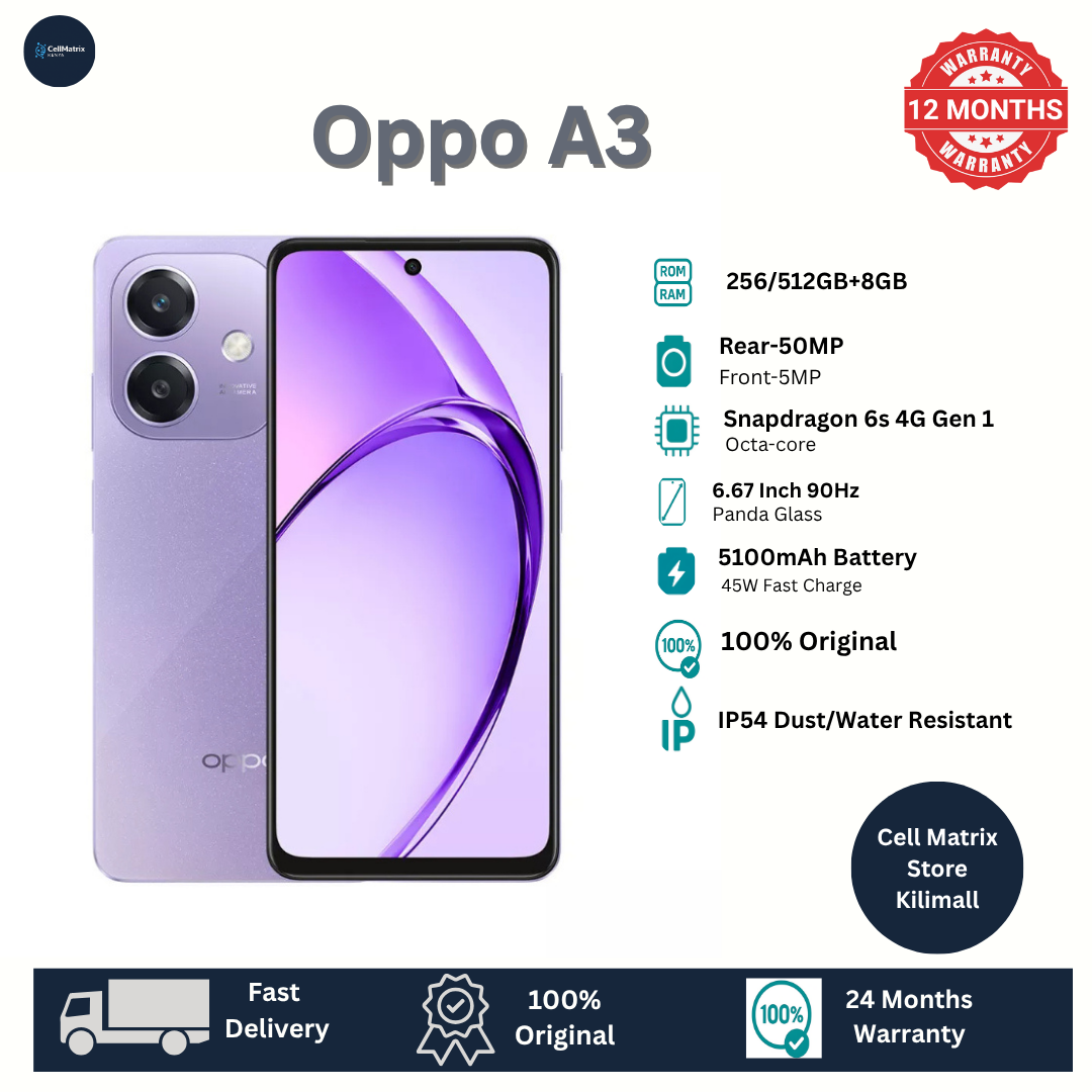 [New Arrival] Oppo A3 6GB RAM+128GB ROM 6.67" 90Hz LCD Display 50MP+5MP Camera 5100 mAh Battery (Dual SIM) Android 14 Fingerprint 2yr-Warranty (TYP) 4G Smartphones