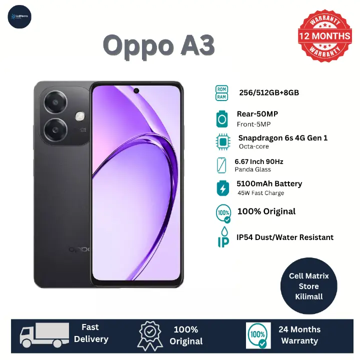 [New Arrival] Oppo A3 8GB RAM+256GB ROM 6.67" 90Hz LCD Display 50MP+5MP Camera 5100 mAh Battery (Dual SIM) Android 14 Fingerprint 2yr-Warranty (TYP) 4G Smartphones