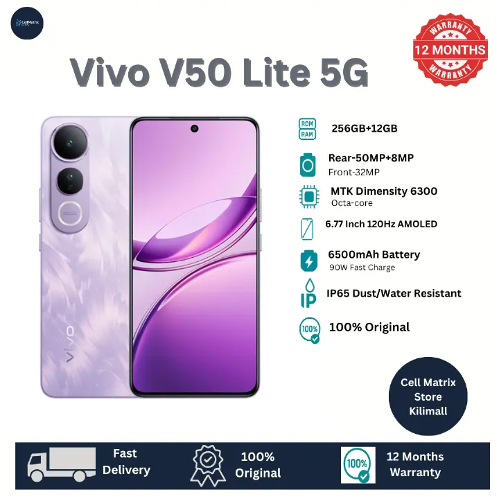 [Anniversary Sale] Vivo V50 Lite 5G 256GB+8GB 6.77" AMOLED 120Hz Display 50MP+32MP Camera 6500mAh Battery 90W SuperFast Charging IP65 Dust/Water Resistant MTK Dimensity 6300 Processor Smartphone