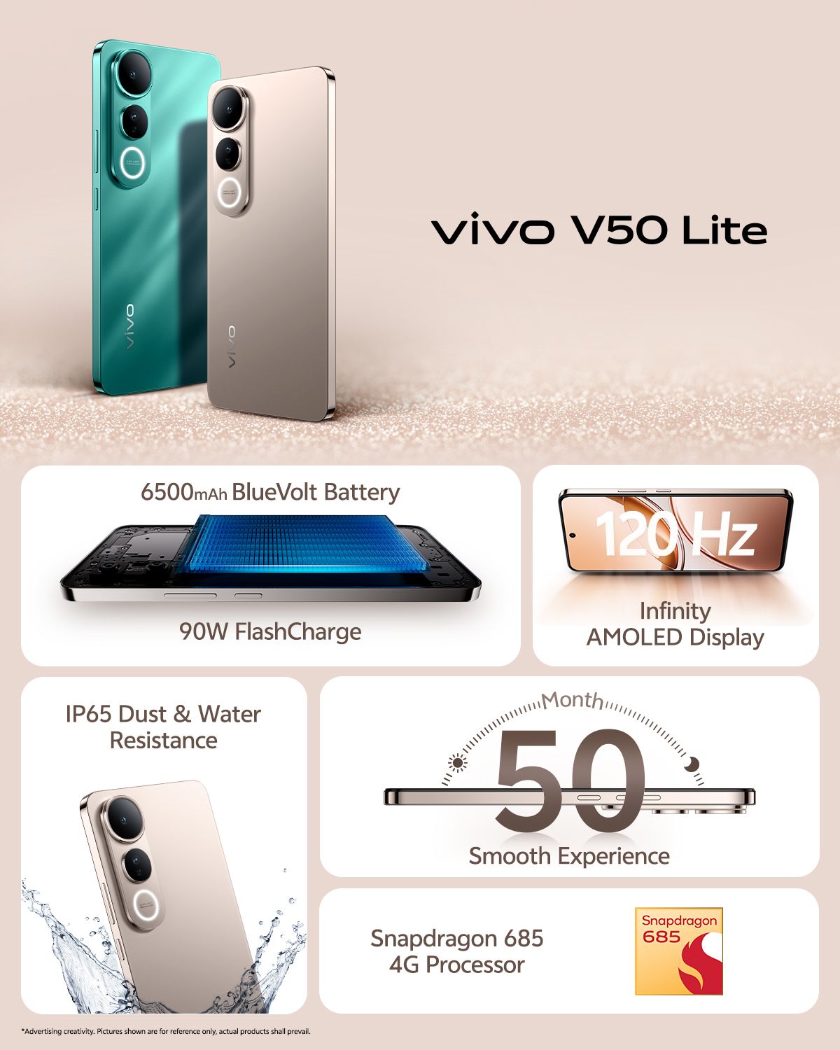 [Anniversary Sale] Vivo V50 Lite 5G 256GB+8GB 6.77" AMOLED 120Hz Display 50MP+32MP Camera 6500mAh Battery 90W SuperFast Charging IP65 Dust/Water Resistant MTK Dimensity 6300 Processor Smartphone