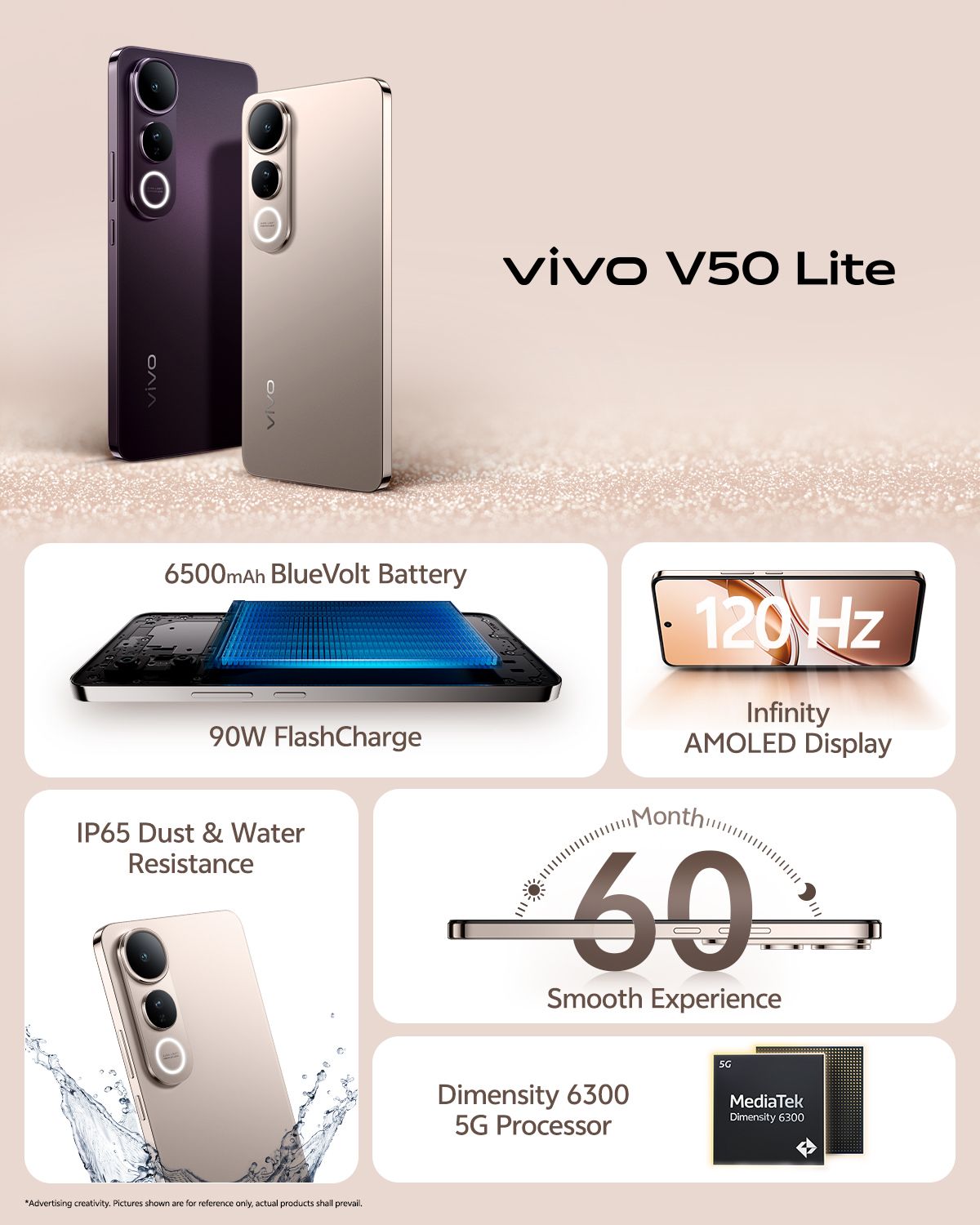 [Anniversary Sale] Vivo V50 Lite 5G 256GB+8GB 6.77" AMOLED 120Hz Display 50MP+32MP Camera 6500mAh Battery 90W SuperFast Charging IP65 Dust/Water Resistant MTK Dimensity 6300 Processor Smartphone