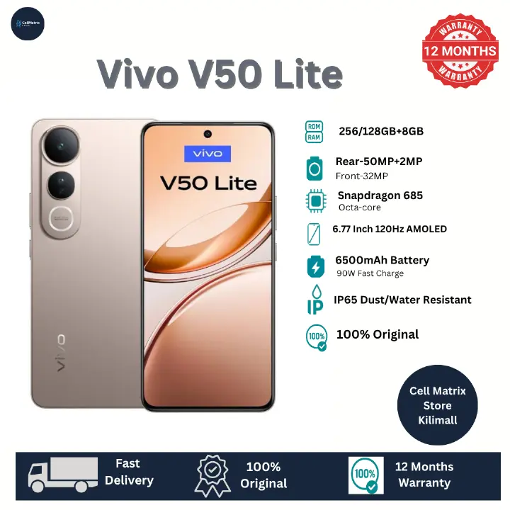 [Brand New] Vivo V50 Lite 256GB+8GB 6.77" AMOLED 120Hz Display 50MP+32MP Camera 6500mAh Battery 90W SuperFast Charging IP65 Dust/Water Resistant Snapdragon 685(6 nm) Processor Android Smartphone