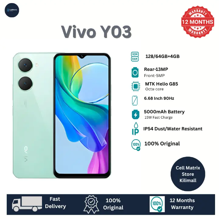 [Anniversary Sale] Vivo Y03 128GB+8GB[4+4] 6.56" 90Hz Display Android 4G 5000mAh Smart Phones phone IP54 Dust/Water Resistant MTK Helio G85 Processor 13MP Camera 15W Fast Charging Smartphone