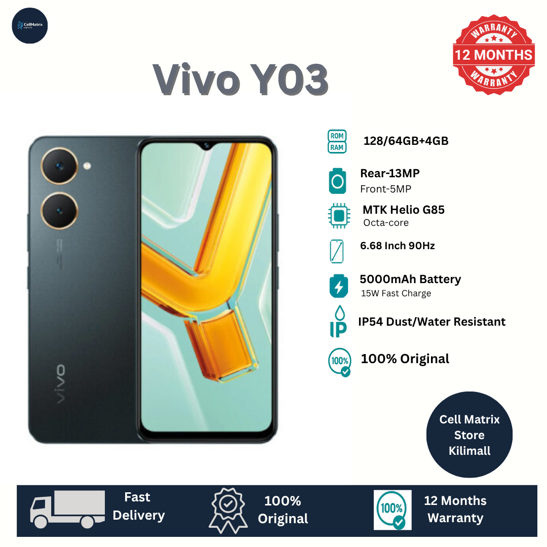 [Anniversary Sale] Vivo Y03 128GB+8GB[4+4] 6.56" 90Hz Display Android 4G 5000mAh Smart Phones phone IP54 Dust/Water Resistant MTK Helio G85 Processor 13MP Camera 15W Fast Charging Smartphone
