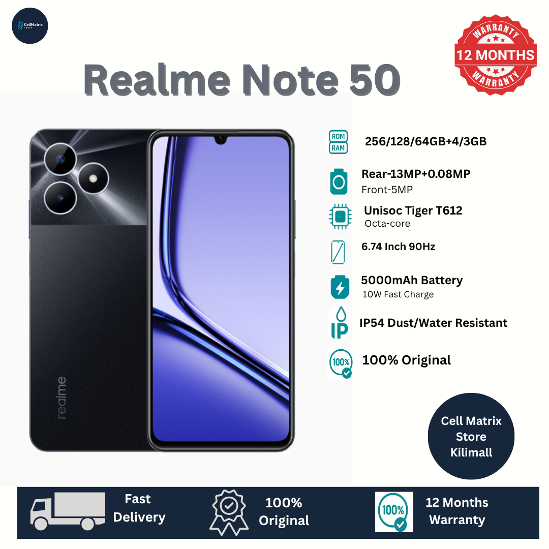 [Anniversary Sale] Brand New Realme Note 50 64GB ROM + 3GB RAM 6.74" 90Hz Type-C 3-Card Slot Ultra Slim Side Fingerprint IP54 Dust/Water Resistant Smart Phones phone Dual Sim
