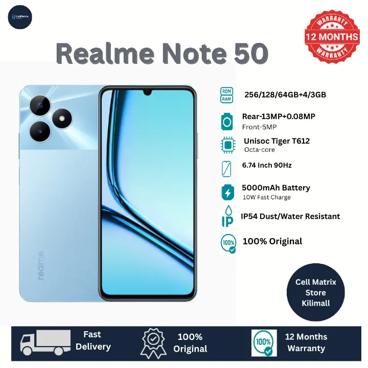 [Anniversary Sale] Brand New Realme Note 50 64GB ROM + 3GB RAM 6.74" 90Hz Type-C 3-Card Slot Ultra Slim Side Fingerprint IP54 Dust/Water Resistant Smart Phones phone Dual Sim