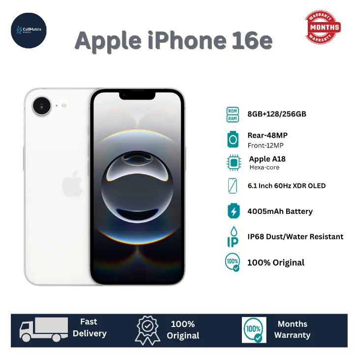 [Anniversary Sale] Apple iPhone 16e 128GB+8GB 6.1" Super Retina XDR OLED Display 48MP+12MP Cameras 4005mAh Battery Face ID IP68 Dust/Water Resistant Ceramic Shield Apple A18 Bionic iOS Smart Phone